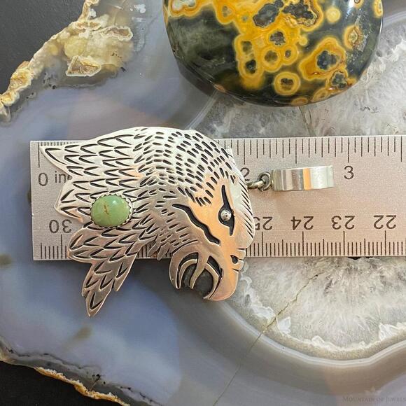 Tommy & Rosita Singer Sterling Silver Green Turquoise Overlay Eagle Pendant - Picture 10 of 10